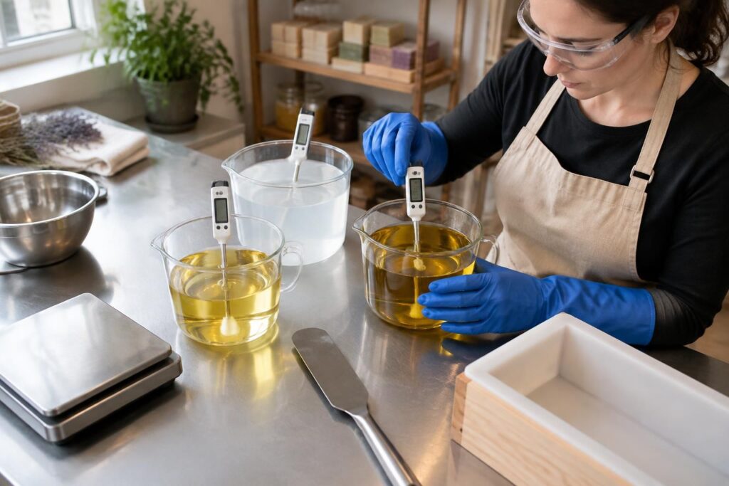 découvrez les températures idéales des huiles et de la lessive de soude pour réussir la fabrication de votre savon maison.